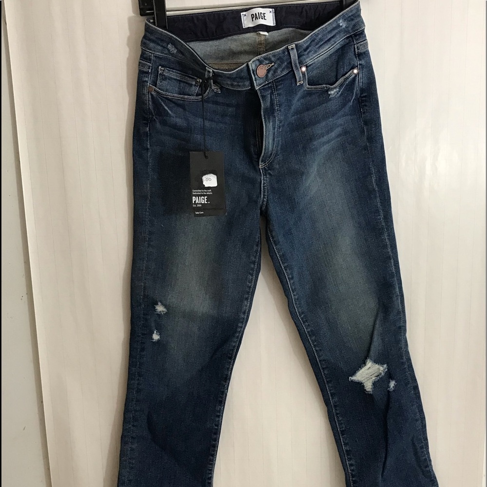 Paige High Rise Straight Crop Distressed Jeans